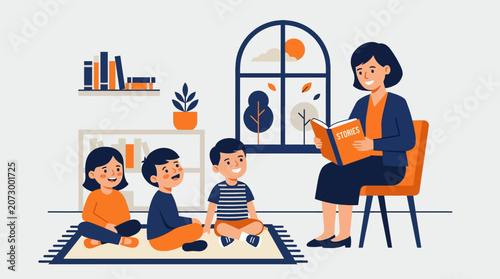 A woman reads to three children sitting on a rug in a cozy indoor setting with a window.