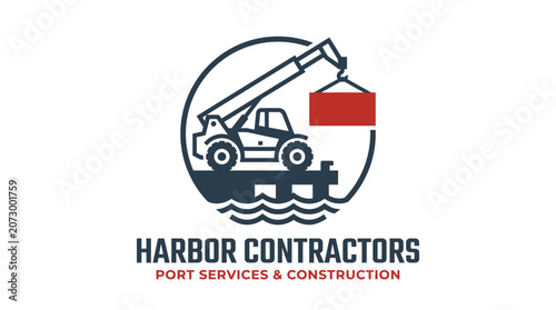 A construction crane lifts a red container on a harbor contractors logo