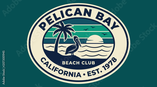 A logo of Pelican Bay Beach Club in California features a pelican, palm tree, and sunset over the ocean waves.