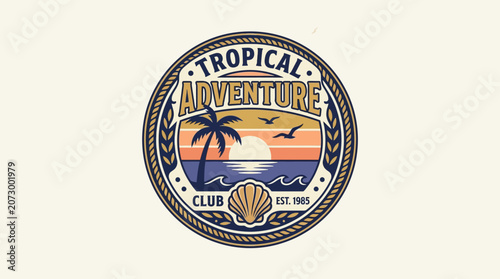 Vibrant tropical adventure logo with palm tree and sunset on beach
