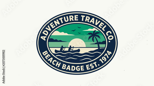 Vintage travel company badge features sunset over beach with palm tree and ships