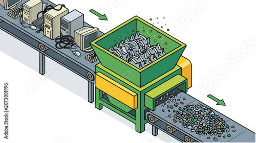 Isometric illustration depicting an industrial shredder machine processing discarded electronic waste from a conveyor belt, highlighting technology recycling and responsible disposal methods