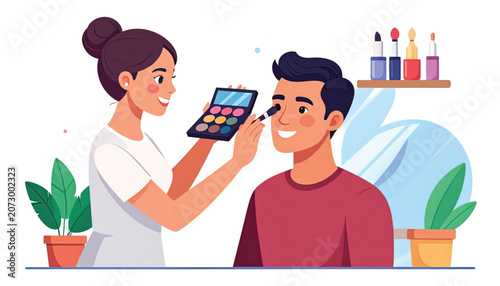 Woman applying makeup to a man.