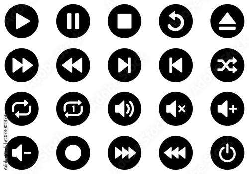 Photos Media player control icon collection with play, pause, stop, rewind, forward, shuffle, repeat, volume, eject, and power symbols