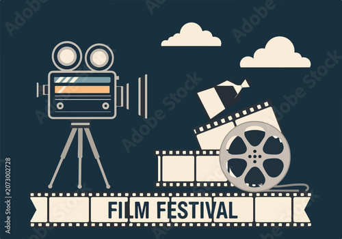 Schilderij op canvas A film festival graphic with a camera, film reel, and clouds