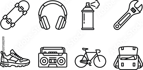 Foto Urban lifestyle icons in a clean line art style with white background representi
