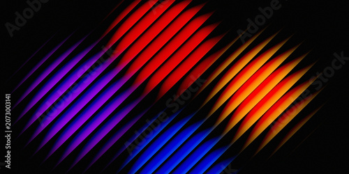 Photography The arrangement of parallel and repeating diagonal lines, in orange, blue, red, purple, and black, creates a structural effect like a grid, louver (ventilation), or 3D fins that have depth