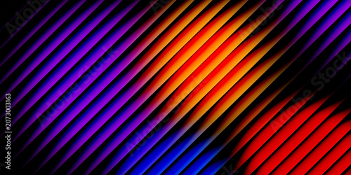 Photography The arrangement of parallel and repeating diagonal lines, in orange, blue, red, purple, and black, creates a structural effect like a grid, louver (ventilation), or 3D fins that have depth