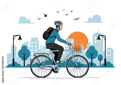 A cyclist rides through a city
