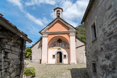 The Oratory of Our Lady of Mount Carmel in Maggia, a picturesque village in the Canton of Ticino, Switzerland.