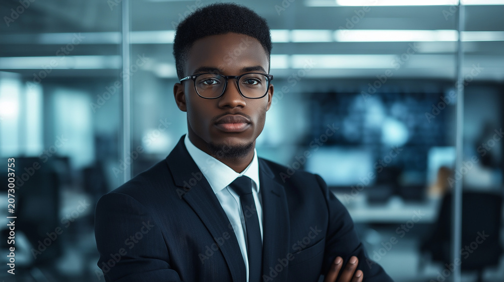 Fototapeta premium Young black man wearing glasses and suit standing confidently in office 