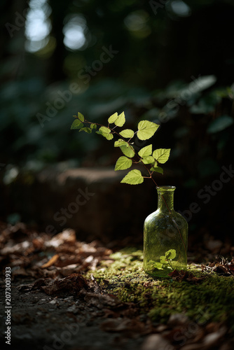 Green leafy branch in a vintage glass bottle placed on mossy ground in a sunlit forest