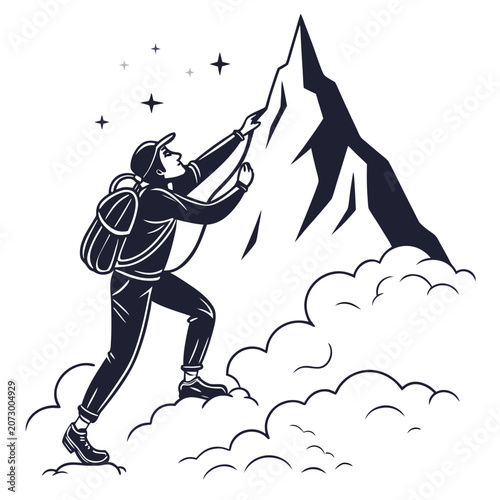 Photos Adventurer climbing toward a snowy mountain peak under stars monochrome graphic