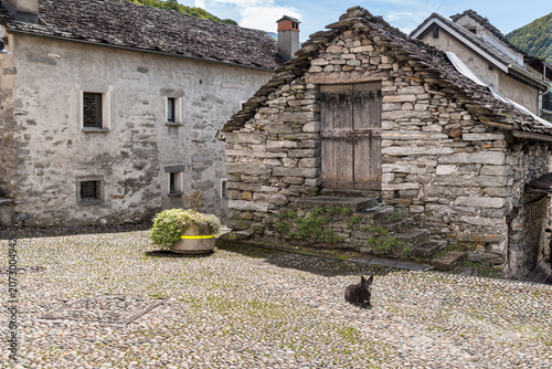Traditional stone farmhouse with a characteristic beola stone roof located along in the historic center of Maggia, Canton of Ticino, Switzerland.