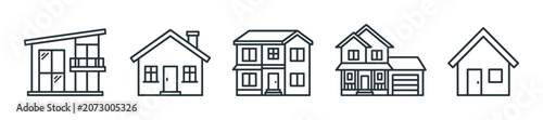 Various outline house icons depicting different architectural styles of residential buildings, homes, and property types for real estate concepts.