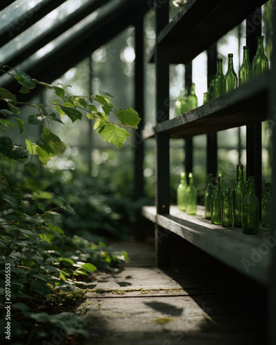 Green glass bottles on wooden shelves lining a stone pathway inside a sunlit greenhouse