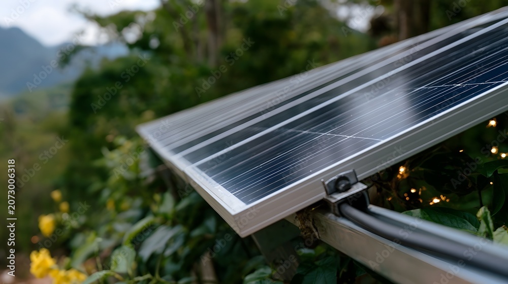 Obraz premium A heavy duty solar panel installation generates sparks set against a peaceful natural backdrop symbolizing sustainable energy development