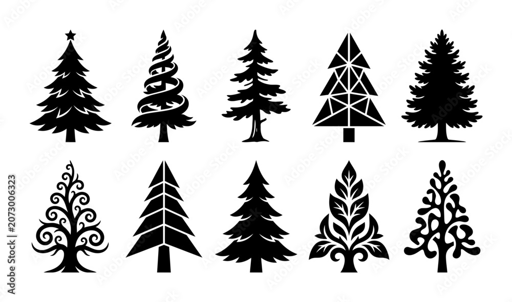 Obraz premium Christmas Tree Silhouette Vector Set Featuring Diverse Stylized Pine and Fir Evergreen Designs for Holiday Decor