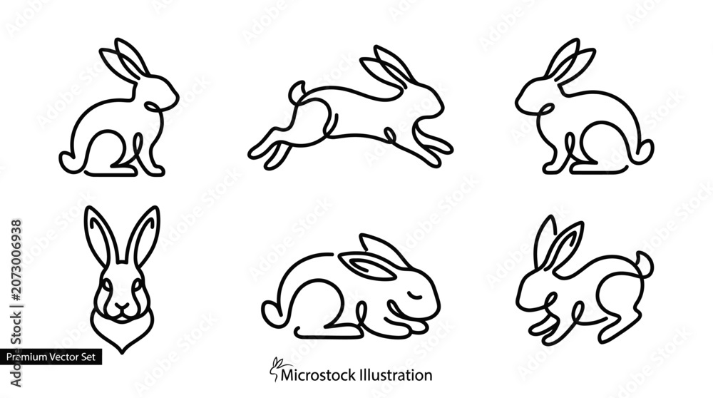 Obraz premium A line art illustration of six rabbits in various poses showcasing line art.