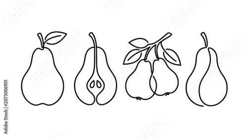 A set of line art illustrations showcasing pears in various orientations