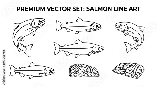 A set of line art illustrations of salmon fish in various poses