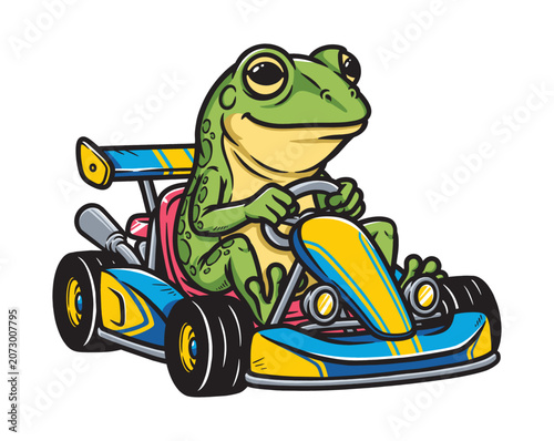 frog riding a go-kart happily