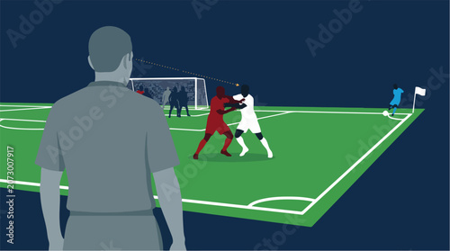 Fotografía Football Referee Watching Off Ball Fouls During a Corner Kick Situation