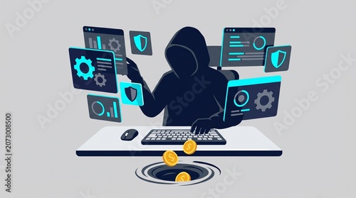 Anonymous Hacker in Hood Stealing Money Online with Digital Interface Dashboard, Cybercrime Financial Fraud and Data Breach Concept Illustration, Dangerous Digital Security Threat