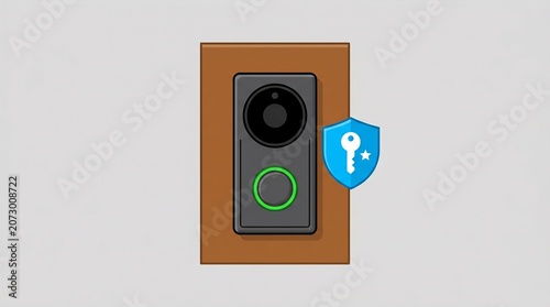 Smart Video Doorbell Camera on Wooden Door with Blue Security Shield Key Icon, Modern Home Surveillance and Privacy Protection System, Flat Vector Illustration Design
