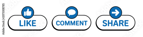 Foto Social Media Engagement Buttons: A trio of iconic buttons representing like, comment, and share actions