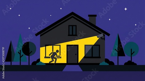 Burglary Thief Caught by Smart CCTV Home Security Camera at Night Illustration, Surveillance Spotlight on Intruder Breaking into House Window, Safety and Protection Concept