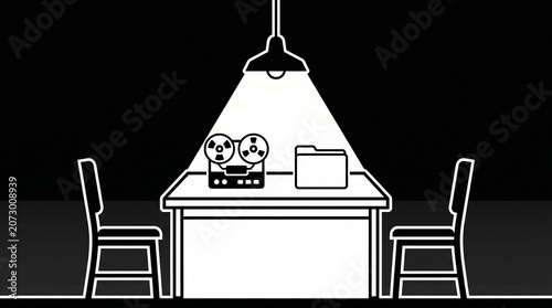 Minimalist Vector Illustration of an Interrogation Room with Tape Recorder and Folder Under Spotlight; Concept of Private Investigation, Secret Interview, and Criminal Evidence.