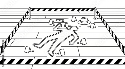 Crime Scene Body Chalk Outline with Evidence Markers and Police Tape on Wooden Floor, Minimalist Line Art Illustration for Forensic Investigation and Mystery Concept
