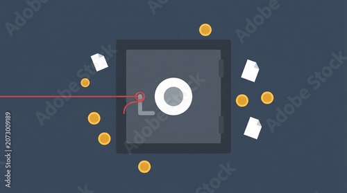 Minimalist Flat Illustration of a Bank Safe Vault with Floating Gold Coins and Documents, Concept of Financial Security, Cyber Crime, Wealth Protection, and Digital Banking Asset