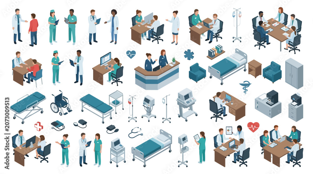 Fototapeta premium Comprehensive Hospital Environment Illustrating Medical Staff, Patients, Equipment and Facilities for Healthcare Settings