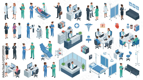 comprehensive medical team collaborating in modern healthcare facility with patients and equipment in a vibrant clinical