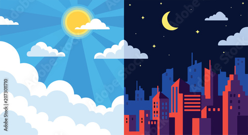 Quadro su tela A split-scene image contrasting daytime with nighttime