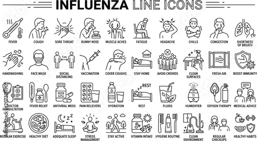 Fotografía Influenza and Sickness Line Icons Set