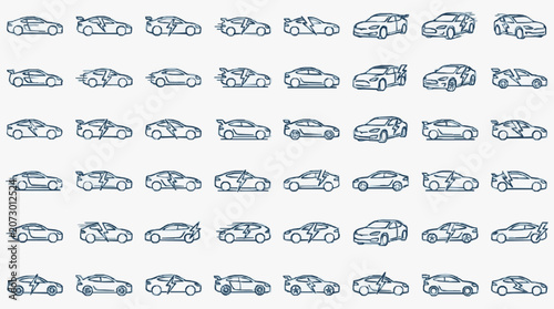 Cuadro en lienzo Dynamic Collection of Sketch Style Sport Cars in Blue Line Art with Lightning Bo