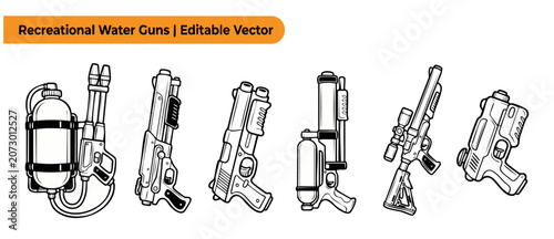 Bild auf Leinwand Water gun vector icons set of recreational squirt blasters for summer outdoor games