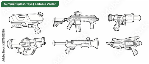 Fotografi Water gun vector coloring page set featuring outline illustrations of summer splash squirt toy blasters for kids outdoor play, black and white line art isolated on a white background for creative art