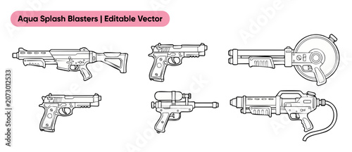 Foto Water blaster squirt gun vector outlines set for kids summer activity coloring page, featuring linear toy pistols, splash rifles, and outdoor game weapon elements in graphic black and white style