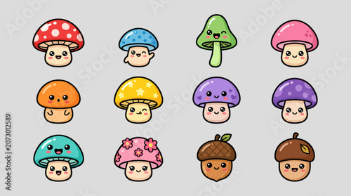Cute kawaii mushroom and acorn characters