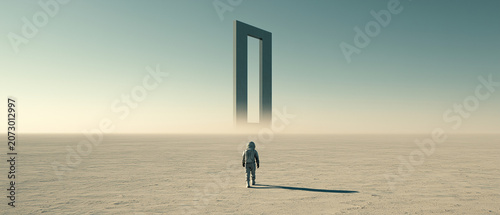 Lone Astronaut Crossing a Mirror Plain Toward a Floating Crescent