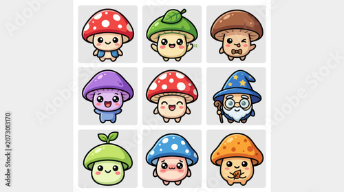 Cute kawaii mushrooms collection