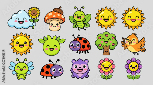 Cute kawaii nature elements and characters