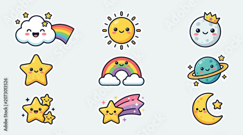 Foto Cute celestial bodies and rainbow icons