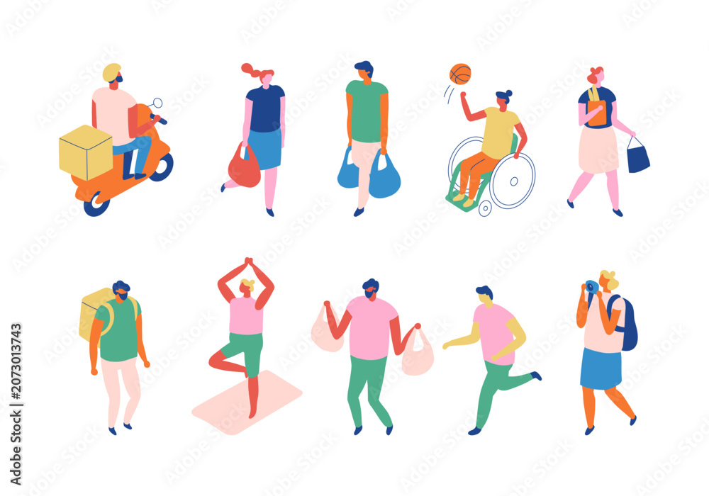 Fototapeta premium Isometric activity character set with scooter delivery, shoppers, wheelchair basketball, yoga, tourists, courier, runners and casual people isolated.
