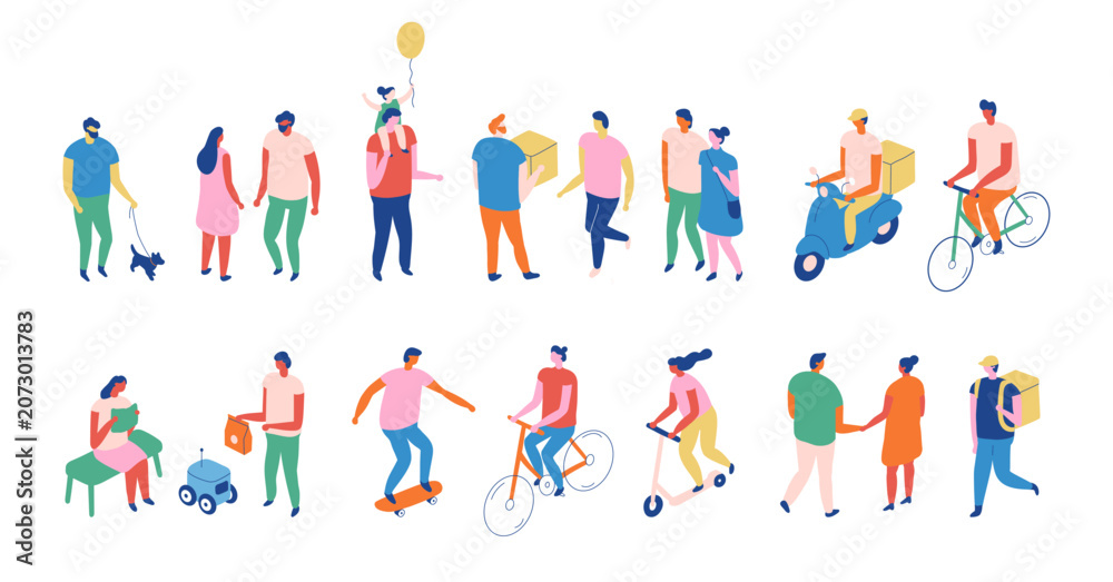 Fototapeta premium Isometric city lifestyle set with dog walking, couples, family, delivery, cyclists, scooter rider, robot and active outdoor people isolated.