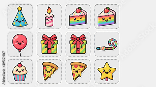 Cute kawaii party icons collection
